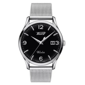 Tissot Heritage Viso date Silver Mesh Bracelet Black Dial Quartz Watch for Gents